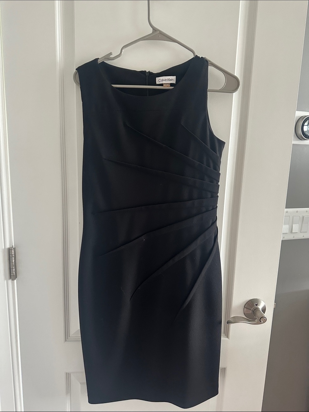 Calvin Klein Black Sleeveless Midi Sheath Dress with Asymmetric Pleats